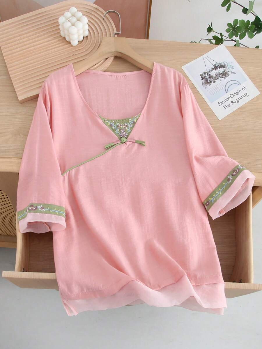JIANHU Pastellrosa Leinen Boho Bluse - Sommer Blumen bestickte Oberteile | Obi Knoten Ausschnitt & grüner botanischer Saum für 4. Juli/Abschluss/Gartenfest | Weich & atmungsaktiv, locker geschnittenes Hemd - Pink - Übersicht 1