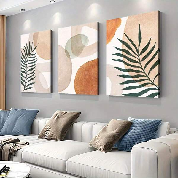 3 pièces Affiches sur canevas encadrées en bois Tonalités neutres chaudes, Décoration rustique moderne, Formes abstraites minimalistes, Affiches sur canevas créatives et imperméables, Chambre à coucher, Bureau, Salon, Café, Bar, Décoration murale de maison et dortoir