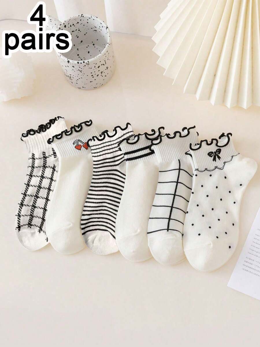 4 Pairs (Random Delivery) Women Cute Sweet Ruffle Edge Striped, Cherry, Bow, Polka Dot Pattern Ankle Socks, Suitable For Spring And Summer - Multicolor - View 1