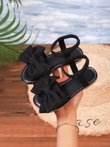 1 Pair White Girls' Sandals, New Bowknot Princess Shoes, Elastic Band Design, Soft Sole Casual Beach Shoes, Essential For Summer - Black - View 6