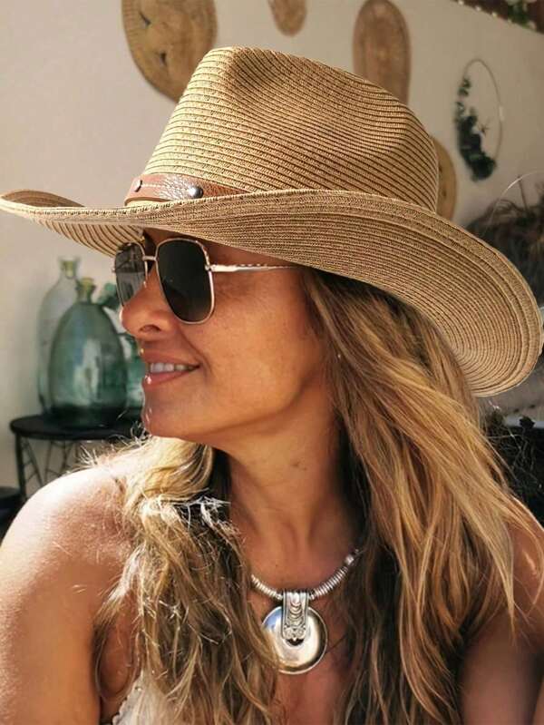 Chapeau de plage pour dames, chapeau d'herbe pour l'ombre, chapeau de cowboy occidental en herbe, chapeau d'ombre de corde de style plage d'été, design pliable, facile à transporter, bohème en herbe sans