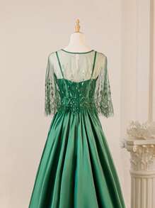 Abito elegante vintage verde a ruota per la madre della sposa, con stola in pizzo e paillettes, stola inclusa
