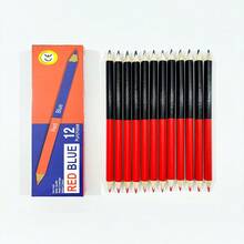 12pcs Red & Blue Colored Double-Ended Drawing Pencils, Wooden Stationery For Learning Back To School