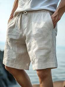 男士纯色亚麻短裤，夏季时尚 - 白色 - 查看 1