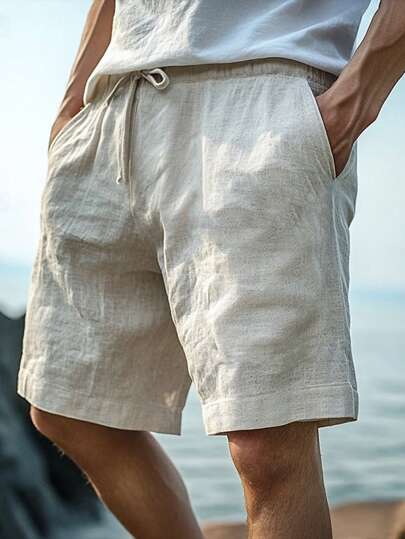 Men's Solid Color Linen Shorts, Fashionable For Summer