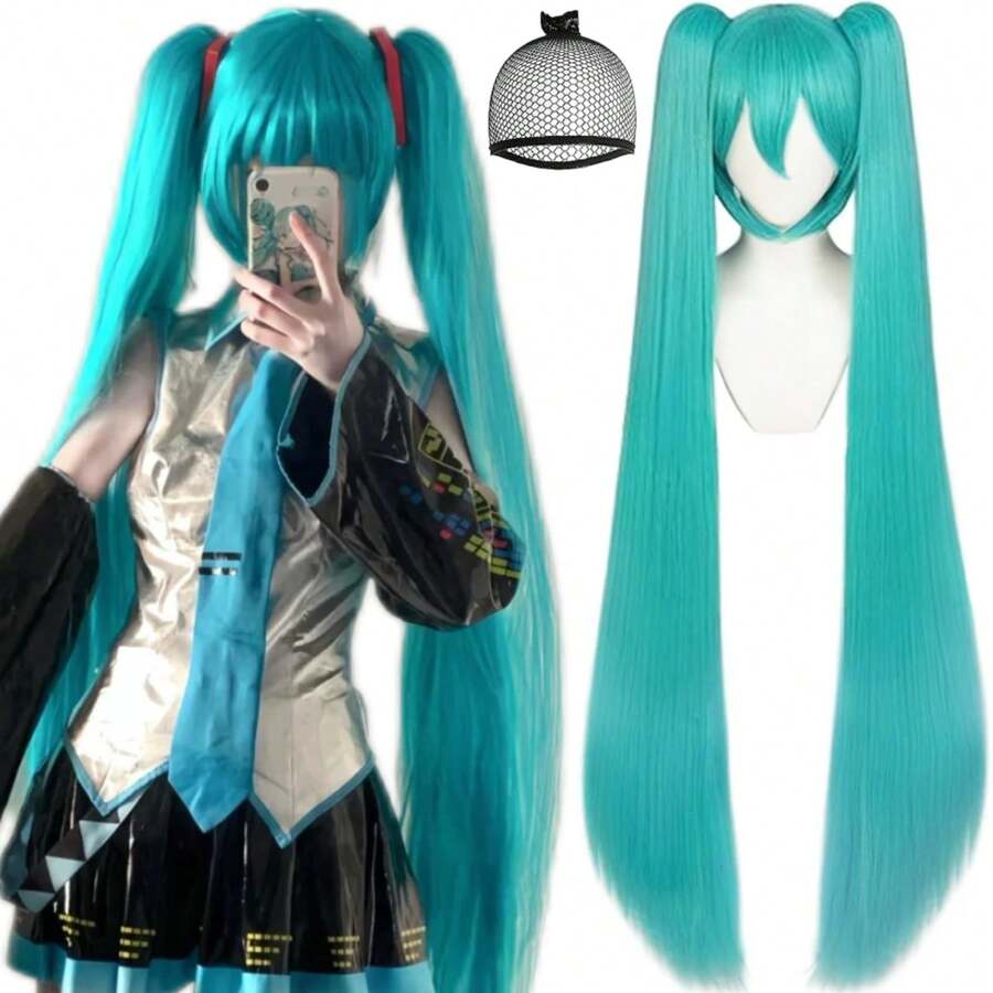 47 Inch/120cm Long Green Straight Cosplay Wig With 2 Ponytails Wig With Bangs Anime Costume For Women Lolita Wig With Green Braids Halloween Party Costume + Hair Cap - 藍色 - 查看 1