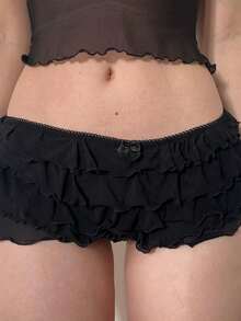 Women's Summer Fashion Slim Solid Color Low Waist Mini  Multi Layered Ruffled Shorts For Daily Streetwear  Vacation - Black - View 2
