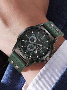 4PCS Green Men's Watch Set Fashion Business Versatile Classic Quartz Watch Bracelet Set With Calendar Suitable For Daily Clothing Matching Or Holiday Gifts