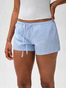 RRIVE Classic Striped Lounge Shorts With Adjustable Drawstring Waist Soft Breathable Fabric Lightweight Summer Bottoms For Casual Vacation Daily Outfits Summer Spring Outfits Vocation Outfits - 薄荷藍 - 查看 1