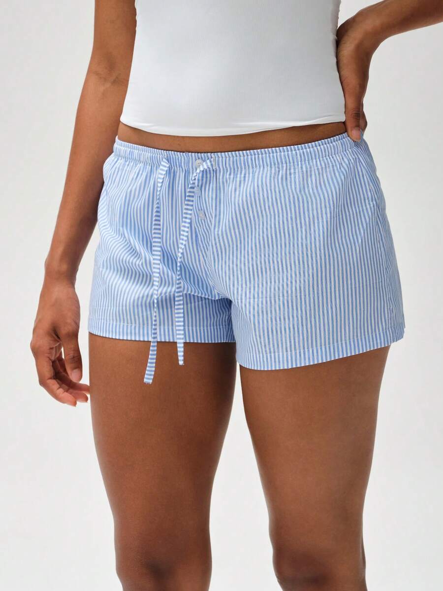 RRIVE Classic Striped Lounge Shorts With Adjustable Drawstring Waist Soft Breathable Fabric Lightweight Summer Bottoms For Casual Vacation Daily Outfits Summer Spring Outfits Vocation Outfits - 薄荷藍 - 查看 1
