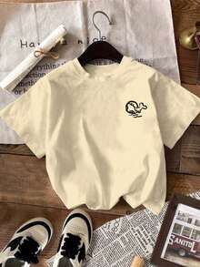 Men's Khaki Letter, Cartoon Whale & Rabbit Graphic Round Neck Short Sleeve T-Shirt, Casual Everyday Wear - Khaki - View 2