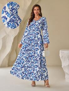 Elegant Floral Print Long Sleeve Dress For Women, Modest - Blue - View 1