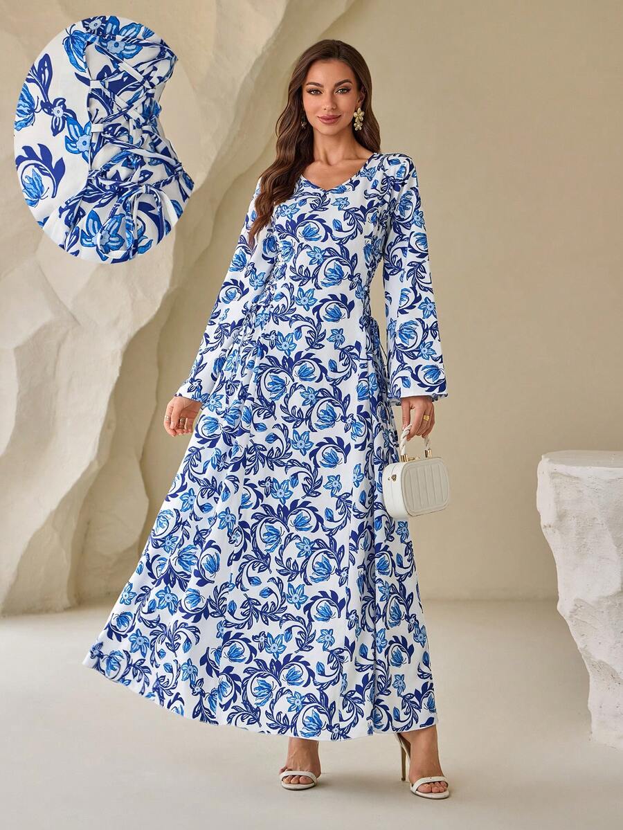 Elegant Floral Print Long Sleeve Dress For Women, Modest - Blue - View 1