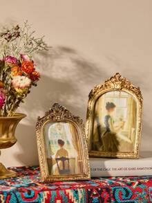 Cirelle 1pc Classic Retro Photo Frame Literary Vintage Imitation Wood Carved Picture Frame Decorative Desktop Wall Picture Frames(Photo Paper Random)