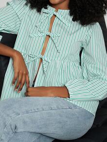 Women's Fashion Casual Mix Solid Coloured Round Neck Bowknot Ruffled Hem Puff Sleeve Shirt - Mint Green - View 5