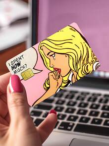 趣味“我花了多少钱？”信用卡贴纸，PVC借记卡保护膜，耐用个性化银行贴纸，装饰创意防刮超薄复古磁条设计，防水防刮卡钥匙扣，可爱忧郁女孩信用卡贴纸 - 有趣的借记卡套，适用于信用卡、借记卡、交通卡 - 彩色 - 查看 2