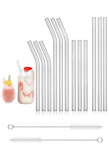 16 Stücke bunte Glasstrohhalme mit 2 Reinigungsbürsten - 8mm wiederverwendbare Trinkhalme, 4 gerade & 4 gebogen, Partyzubehör für Smoothies, Cocktails, Eiskaffe, perfektes Geschenk für Zuhause, Hochzeiten oder Veranstaltungen, Schulanfang Zubehör