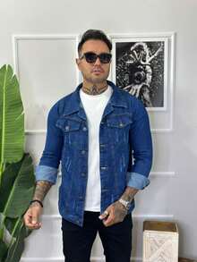 Men's Denim Jacket - 深色水洗藍 - 查看 2