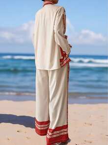 2025 春夏女装时尚波西米亚度假装休闲度假舒适海滩家居沙丁鱼图案印花两件套女士早午餐装