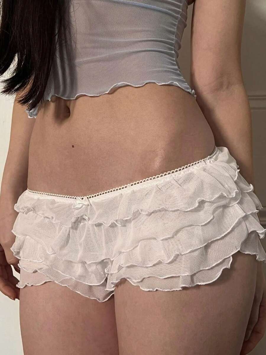 Women's Summer Fashion Slim Solid Color Low Waist Mini Multi Layered Ruffled Shorts For Daily Streetwear Vacation - 白色 - 查看 1