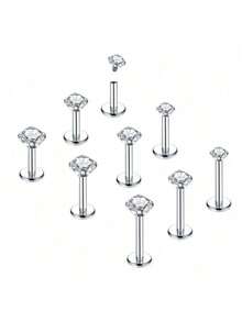 10Pcs/Lot 16G Tragus Labret Piercing Jewelry Internally Threaded Stainless Steel Monroe Lip Rings Different Size Cartilage Nail Helix Earring Stud Bar Length 6mm 8mm 10mm - Silver - View 1