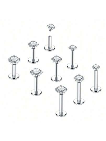 10Pcs/Lot 16G Tragus Labret Piercing Jewelry Internally Threaded Stainless Steel Monroe Lip Rings Different Size Cartilage Nail Helix Earring Stud Bar Length 6mm 8mm 10mm