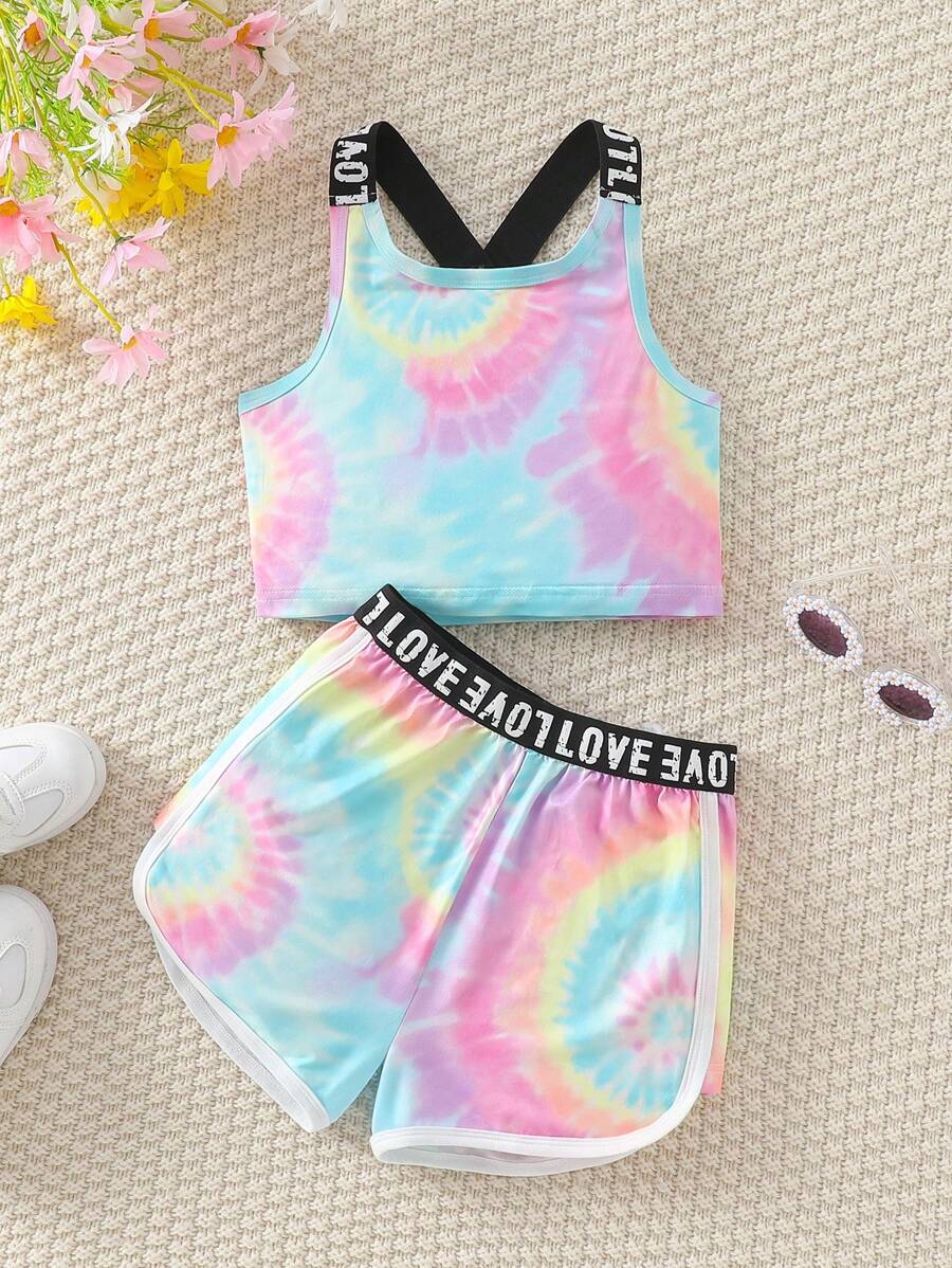 2pcs Girls Outfit: Sleeveless Letter Print Cropped Top And Tie Dye Gradient Print Casual Shorts, Summer Fashion Sports Suit