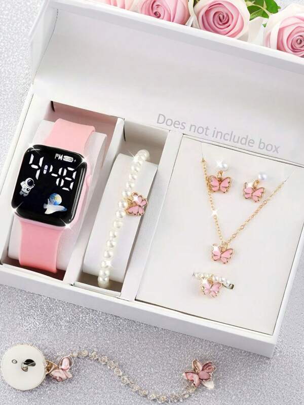 Conjunto de 6/1 piezas de relojes digitales de moda y lindos con pantalla cuadrada rosa y juegos de joyería con mariposas para estudiantes de secundaria y preparatoria, incluye collares, pulseras, aretes, anillos, regalos para amigos, fiestas, reuniones y temporadas de bodas