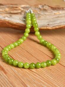 Summer Handmade Beaded Necklace, Natural Olive Stone Choker, 6mm/8mm/10mm/12mm Beads, Suitable For Daily Wear