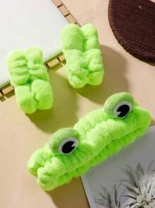 3pcs Cute Cartoon Frog Design Elastic Headbands, Korean Style Non-Slip Makeup Wash Face Hair Band Accessories Back To School