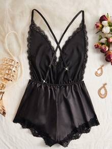 新款女士性感内衣，可调节交叉背带，深V领露背性感泰迪蕾丝缎面舒适家居服连体睡衣