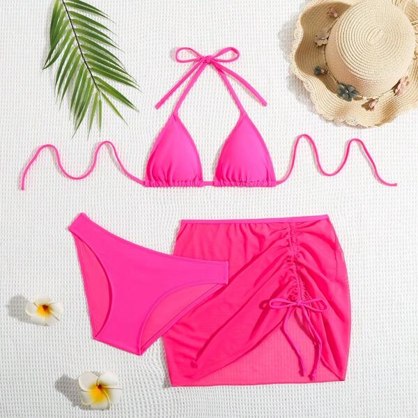 Tween Mädchen Bikini-Set Einfarbig mit Kreuzmuster für den Urlaub