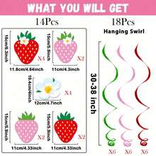 32 piezas Decoraciones de fiesta con temática de fresa: adornos colgantes en espiral, banners de fresa para el primer cumpleaños, remolinos de papel de aluminio de fresas para el techo, suministros para fiestas de primer cumpleaños con tema de fresa, decoración para el hogar - Multicolor - Ver 9