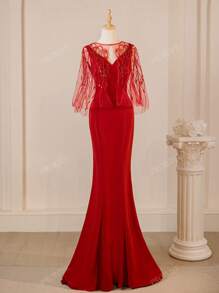 Vestido de gala de noche con escote en forma de corazón, bordado de lentejuelas y malla, diseño de cola de sirena, vestido formal para fiesta, para invitados de boda