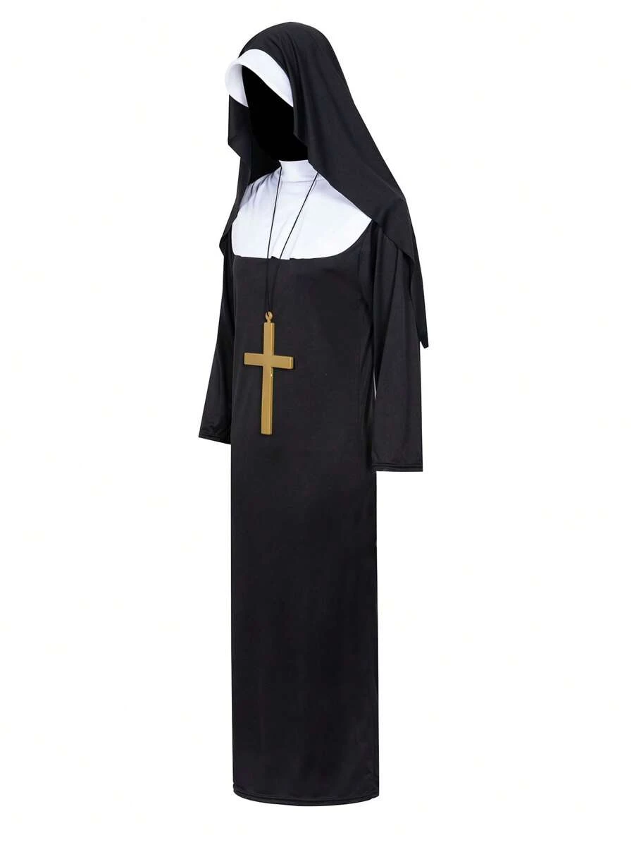 1pc Women Adult Fancy Dress Halloween Costume Outfit, Black Horror Long Robe Stage Performance Cos Play