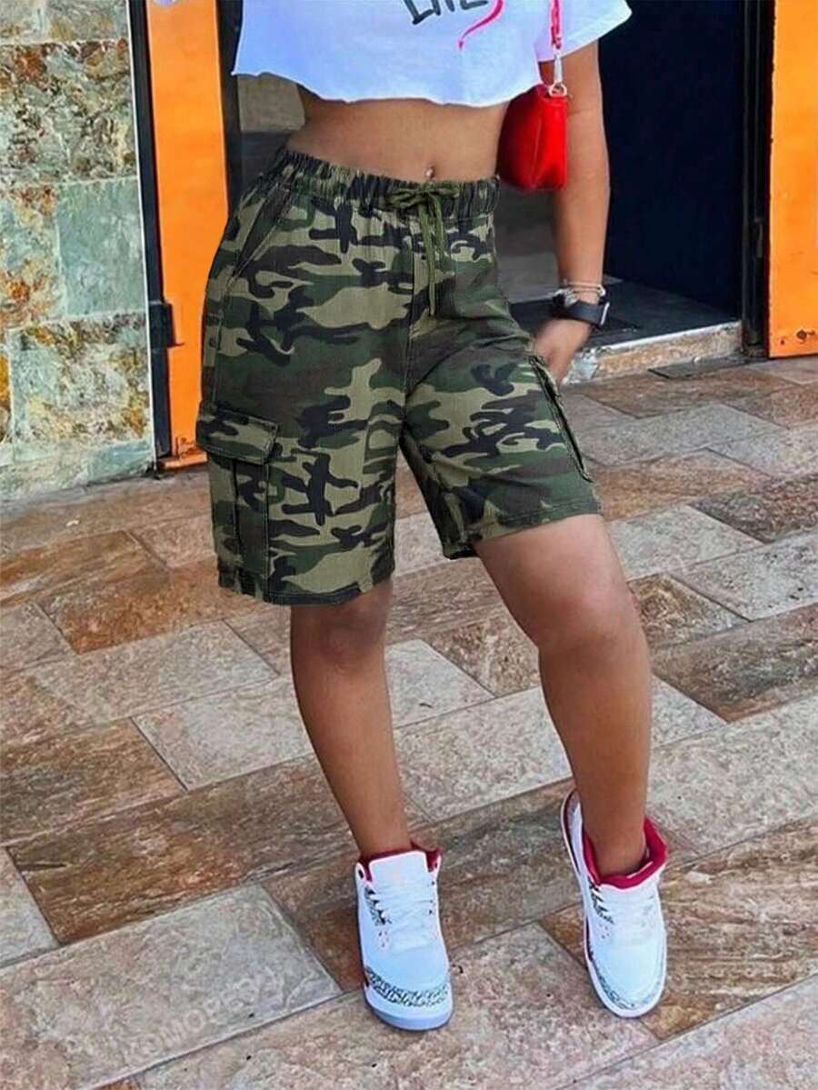 Women's Casual Camo Drawstring Waist Loose Straight Leg Multi-Pocket Denim Shorts, Summer - Army Green - View 1