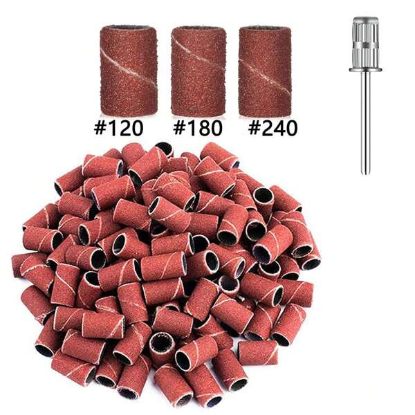 100 Stücke braune Schleifbänder + 1 Stück Nagelbohrersätze, Elektrische Maniküre-Maschine Nagellackkoffer Kopfschneider, 120#, 180#, 240# Körnung