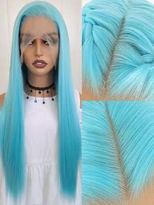 13x4 Elegant 26 Inch Blue Lace Front Wig, Synthetic Lace Front Wig With Pre-Plucked Hairline, Heat Resistant Fiber Hair, Silky Straight Wig For Women, Cosplay, Party, Daily Use - Baby Blue - View 3