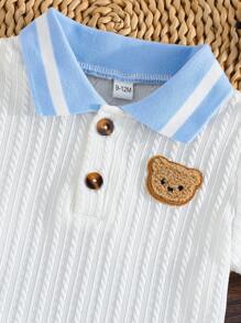 Set de 2 piezas: Camisa polo con bordado de oso y cuello, y shorts cómodos para niño bebé, conjunto de estilo británico