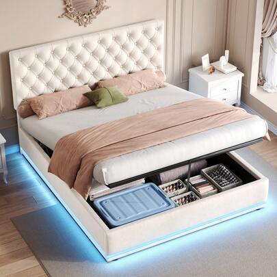  Flieks Upholstered Double Bed Frame With LED Lighting, 4FT6 Ottoman Bed With Hydraulic Storage, Handmade Button Tufted Adjustable Headboard, No Box Spring Needed, Velvet, Beige, 135x190cm
