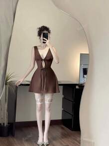 Women Elegant Solid Color Sleeveless Mini Dress With Deep V-Neck And Bowknot, Minimalist Design