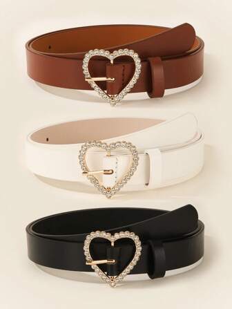 3pcs Women's Versatile Rhinestone Heart Decor Belt Summer, School Fall, Autumn, Halloween
