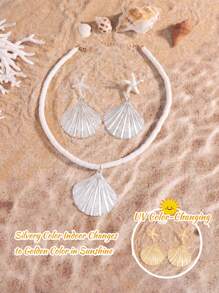 Set de 2 piezas de collar y aretes de estilo bohemio de playa con conchas y estrellas de mar que cambian de color con los rayos UV, joyas de playa que cambian de color sensibles a los rayos UV