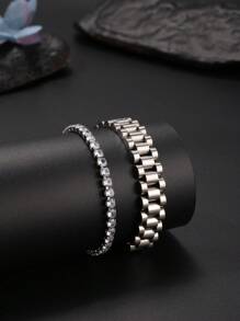 2pcs Stainless Steel Simple Men's Bracelet Jewelry Set With Rhinestone, Waterproof And Fade-Resistant, Suitable For Men's Daily Wear