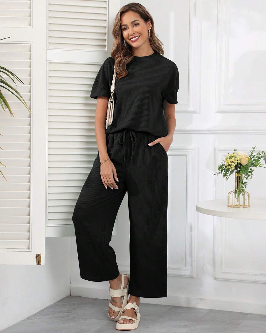 2pcs Women's Solid Knit Casual Vacation Drawstring Short Sleeve Top And Pants Set, Lightweight - Black - View 1