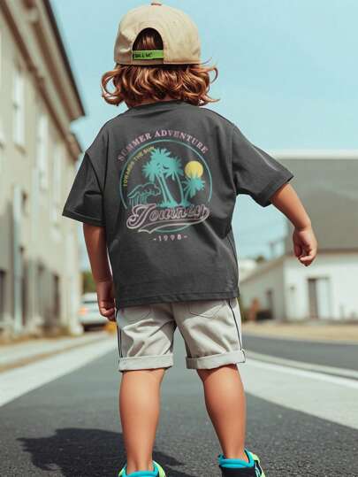 1pc Young Boy Casual Wave & Palm Tree Print Round Neck Short Sleeve T-Shirt, Summer Student Wear - Designed For , Island-Loving Young Minds!