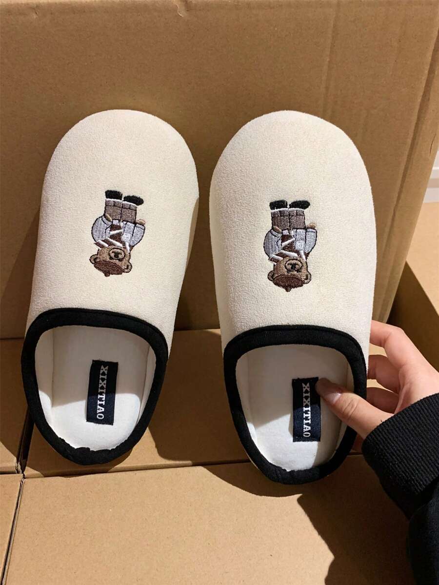 XIXITIAO 春夏男女通用静音室内拖鞋，情侣创意刺绣小熊设计，复古室内拖鞋，柔软平底休闲拖鞋，吸湿透气四季皆居鞋，纯色闭趾经典平底拖鞋，男女皆宜