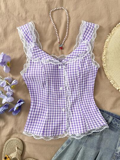 Damen karierten Bluse mit Spitzenbordüre und knopflosem Ärmel, ideal für Urlaub, Frühling/Sommer