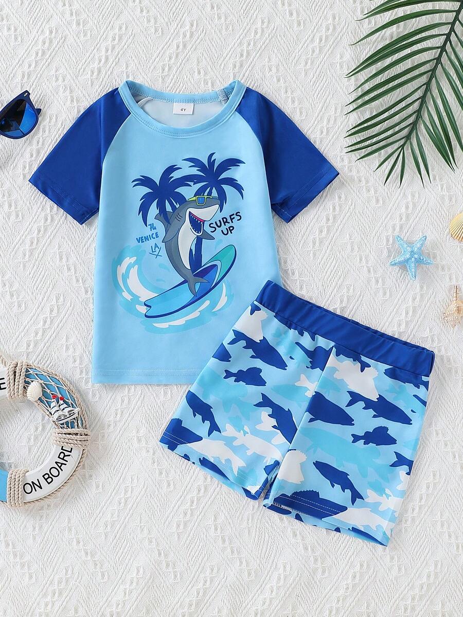 Kid's 2pcs Swimsuit - Top & Shorts, Toddler/Children Swimming Trunks, Beach Vacation - Baby Blue - View 1