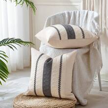 1pc Bohemian Style Pillow Case, Soft Gray Farmhouse Decorative Sofa Cushion Cover For Living Room Home Decor - Grey - View 5